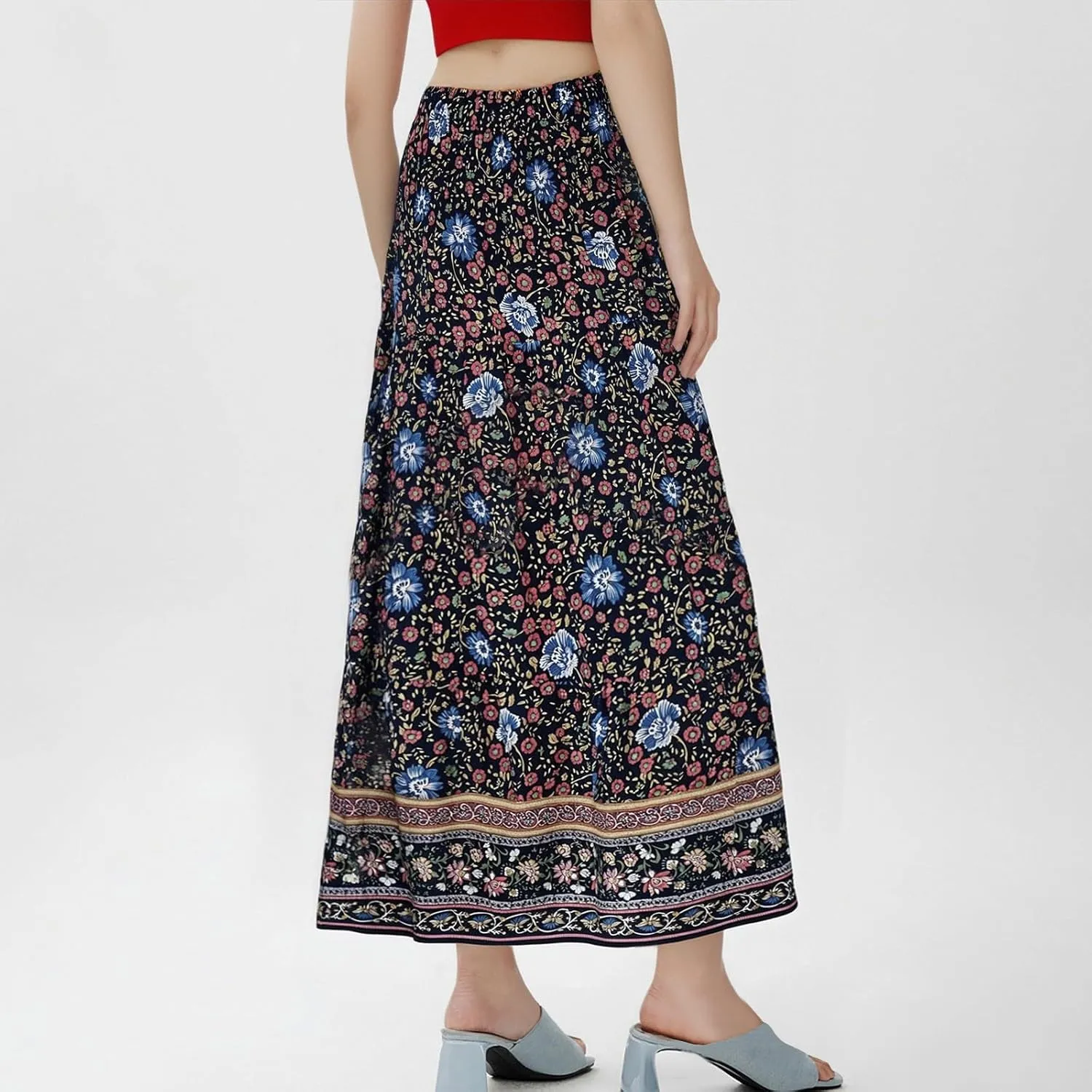 Long Flowy Skirts for Women Floral Boho Maxi Skirt Smocked Elastic High Waisted Skirts Swing A Line Tiered Skirt