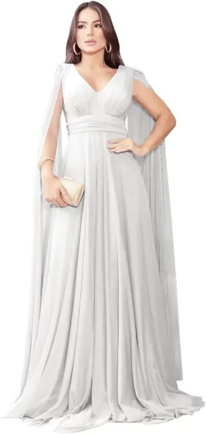 Long Sleeve Prom Dress with Cape V Neck Chiffon Ball Gown A Line Formal Evening Gowns for Women