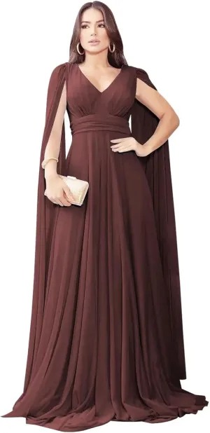 Long Sleeve Prom Dress with Cape V Neck Chiffon Ball Gown A Line Formal Evening Gowns for Women