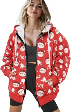 Loose Thin Jacket for Women Long Sleeve Zip Up Hoodies Teen Girls Hooded Sweatshirt Trendy Print Pullover