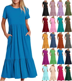 Maxi Dresses for Women 2025 Plus Size Short Sleeve Tiered Ruffle Dress Summer Causal Crewneck Tshirt Dress Pockets