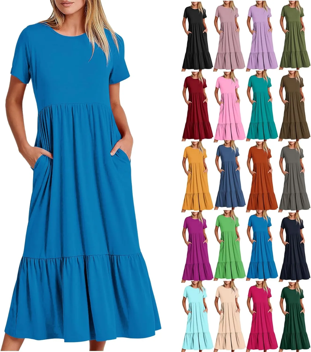 Maxi Dresses for Women 2025 Plus Size Short Sleeve Tiered Ruffle Dress Summer Causal Crewneck Tshirt Dress Pockets