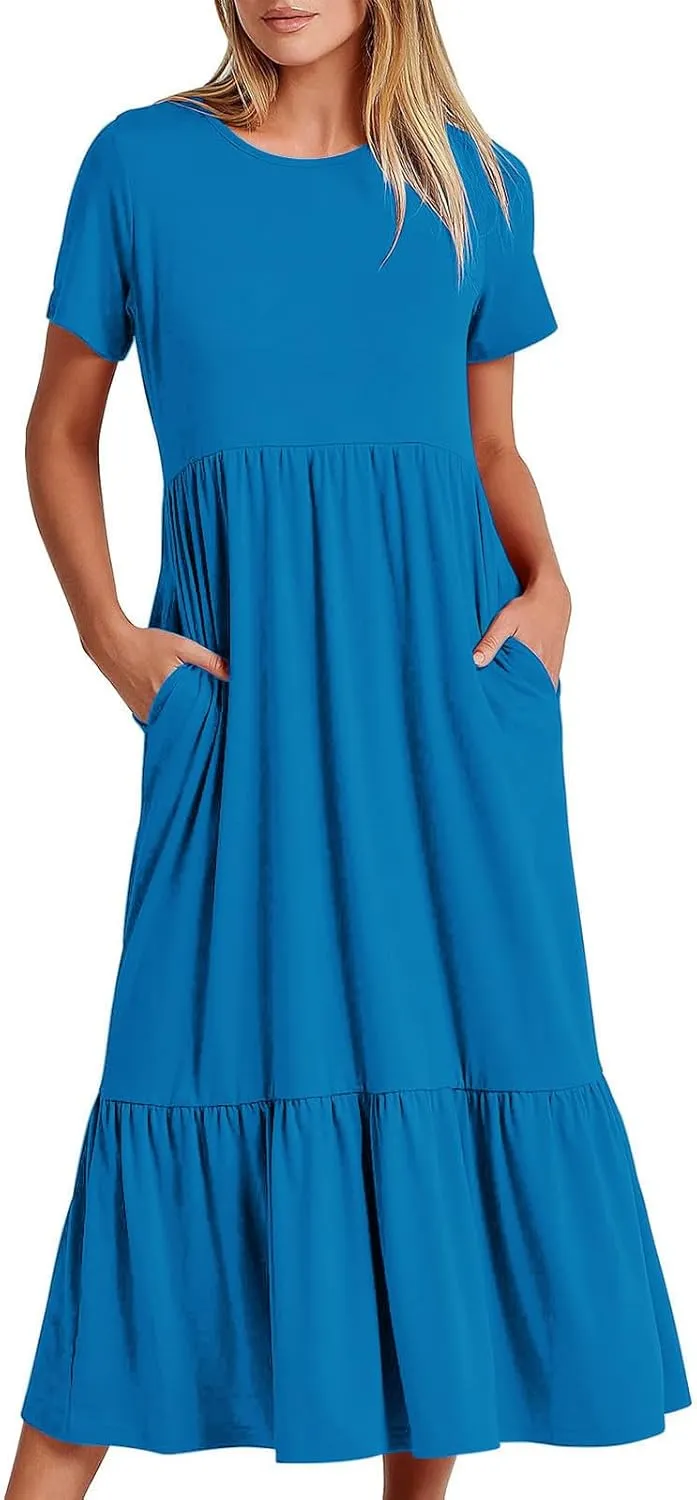 Maxi Dresses for Women 2025 Plus Size Short Sleeve Tiered Ruffle Dress Summer Causal Crewneck Tshirt Dress Pockets