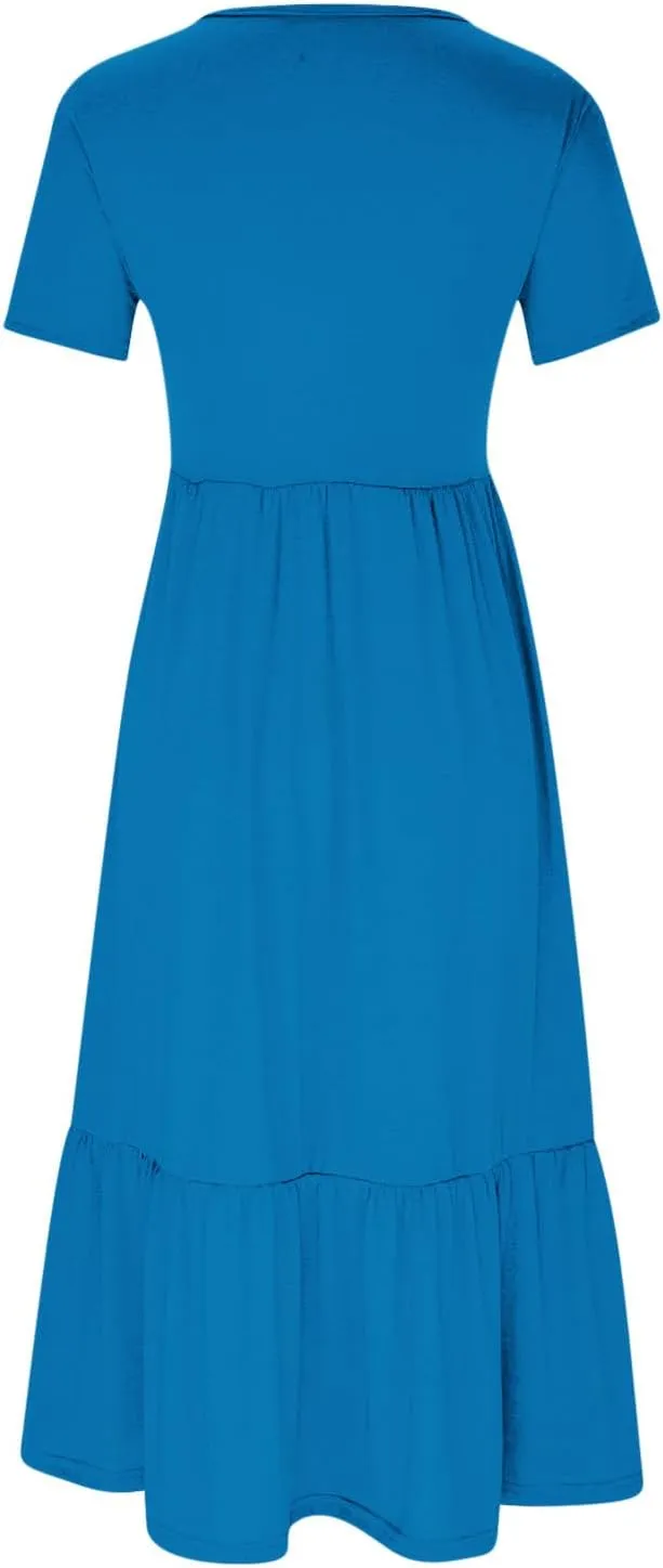 Maxi Dresses for Women 2025 Plus Size Short Sleeve Tiered Ruffle Dress Summer Causal Crewneck Tshirt Dress Pockets