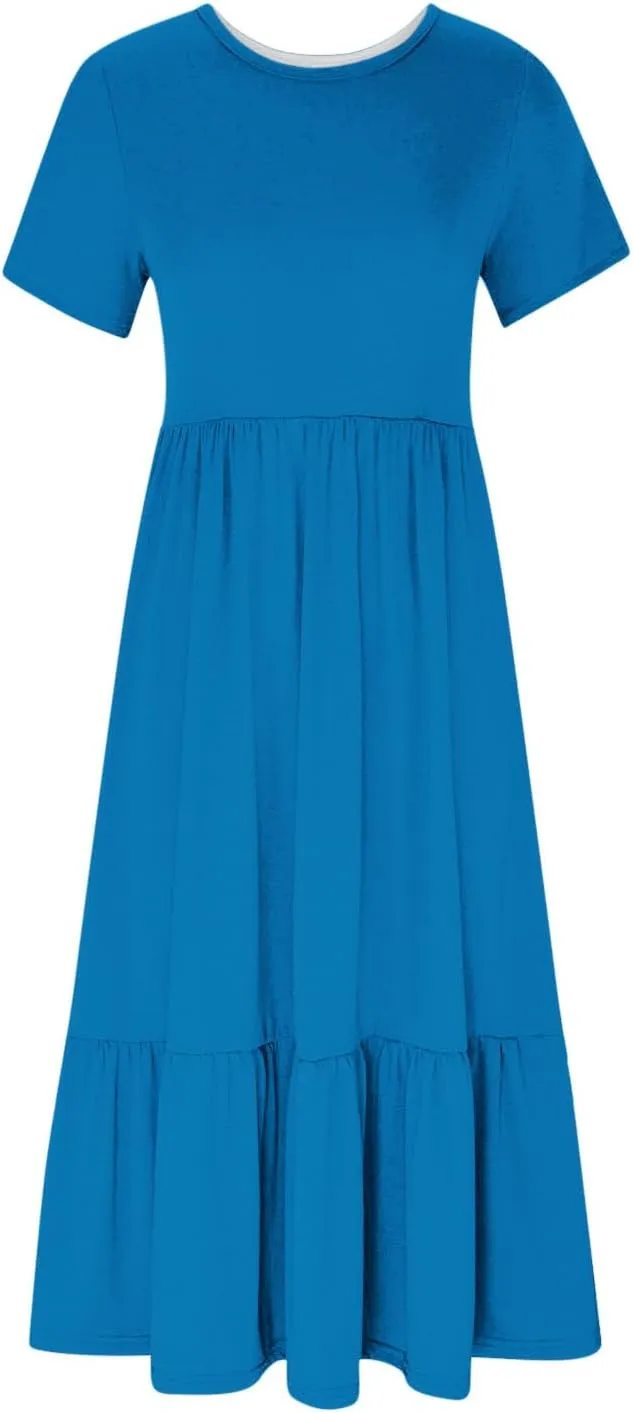 Maxi Dresses for Women 2025 Plus Size Short Sleeve Tiered Ruffle Dress Summer Causal Crewneck Tshirt Dress Pockets