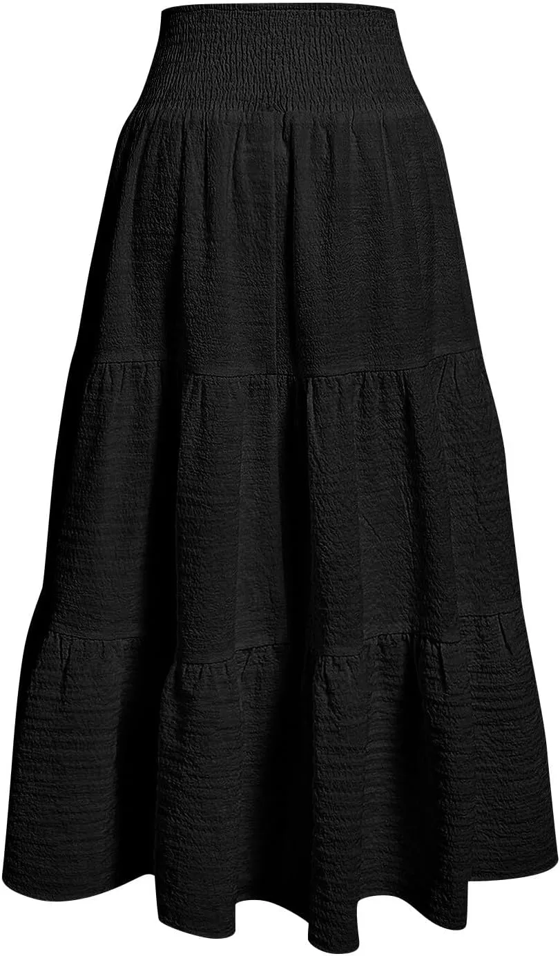 Maxi Skirts for Women 2025 Long Flowy Tiered Ruffle Linen Skirt Beach Summer A-Line Elastic High Waisted Skirts