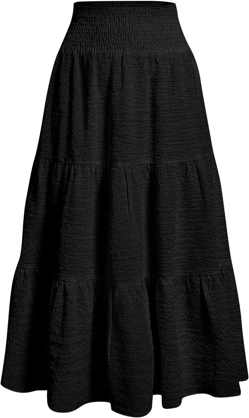 Maxi Skirts for Women 2025 Long Flowy Tiered Ruffle Linen Skirt Beach Summer A-Line Elastic High Waisted Skirts