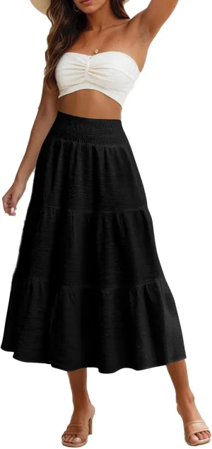Maxi Skirts for Women 2025 Long Flowy Tiered Ruffle Linen Skirt Beach Summer A-Line Elastic High Waisted Skirts