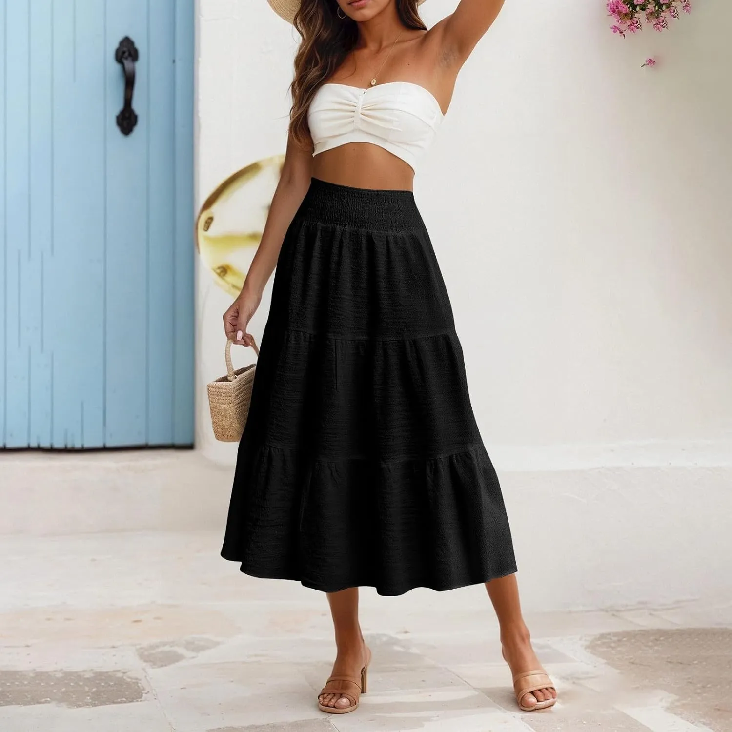 Maxi Skirts for Women 2025 Long Flowy Tiered Ruffle Linen Skirt Beach Summer A-Line Elastic High Waisted Skirts
