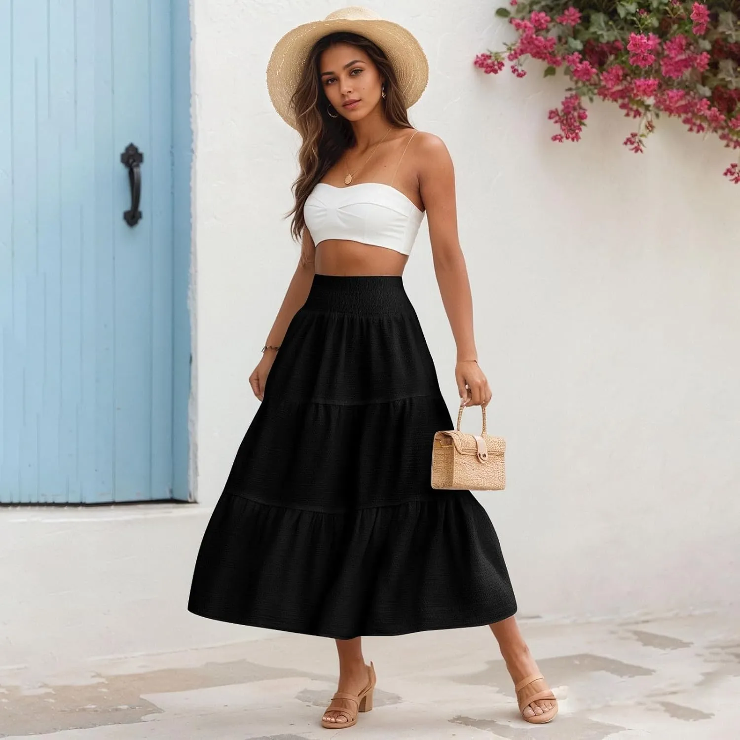 Maxi Skirts for Women 2025 Long Flowy Tiered Ruffle Linen Skirt Beach Summer A-Line Elastic High Waisted Skirts