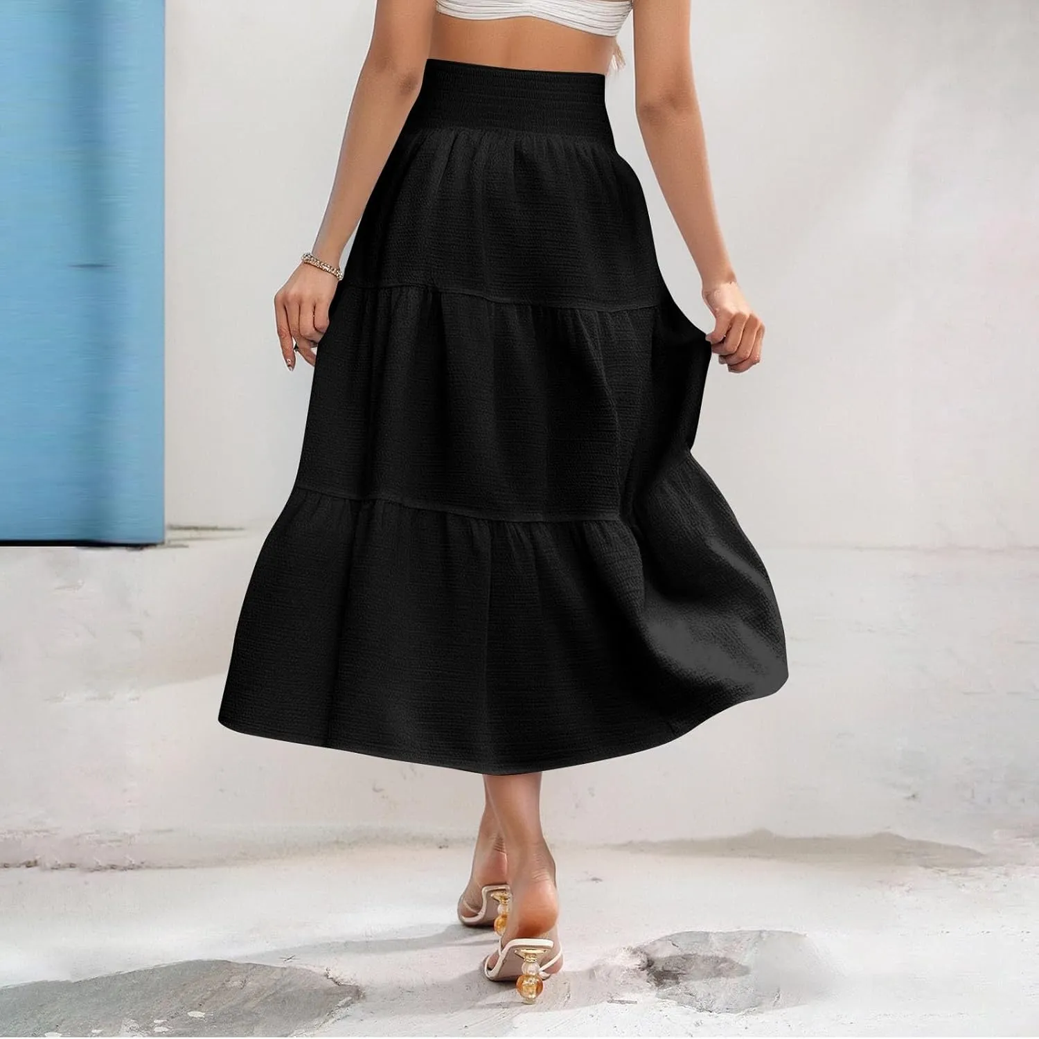 Maxi Skirts for Women 2025 Long Flowy Tiered Ruffle Linen Skirt Beach Summer A-Line Elastic High Waisted Skirts