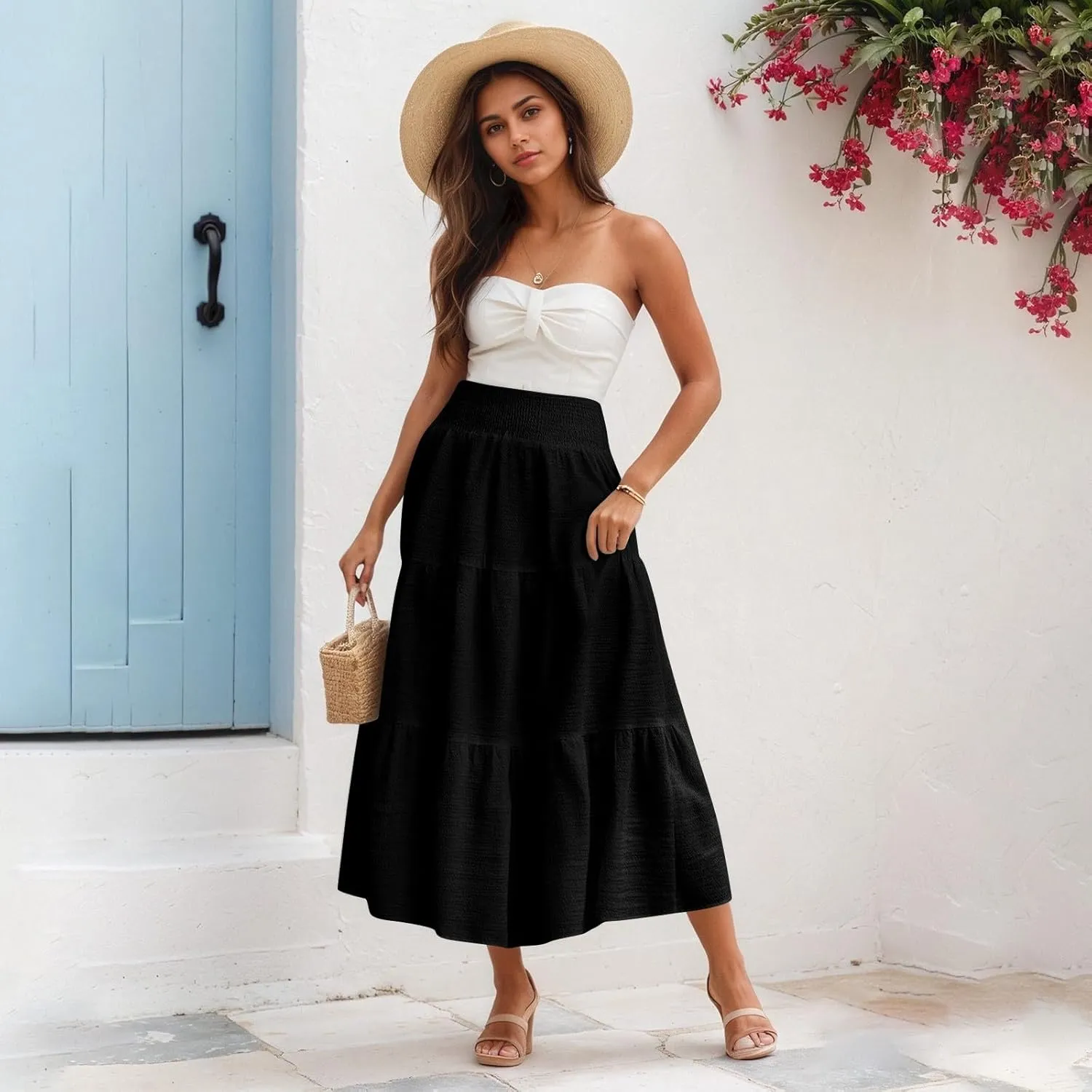 Maxi Skirts for Women 2025 Long Flowy Tiered Ruffle Linen Skirt Beach Summer A-Line Elastic High Waisted Skirts