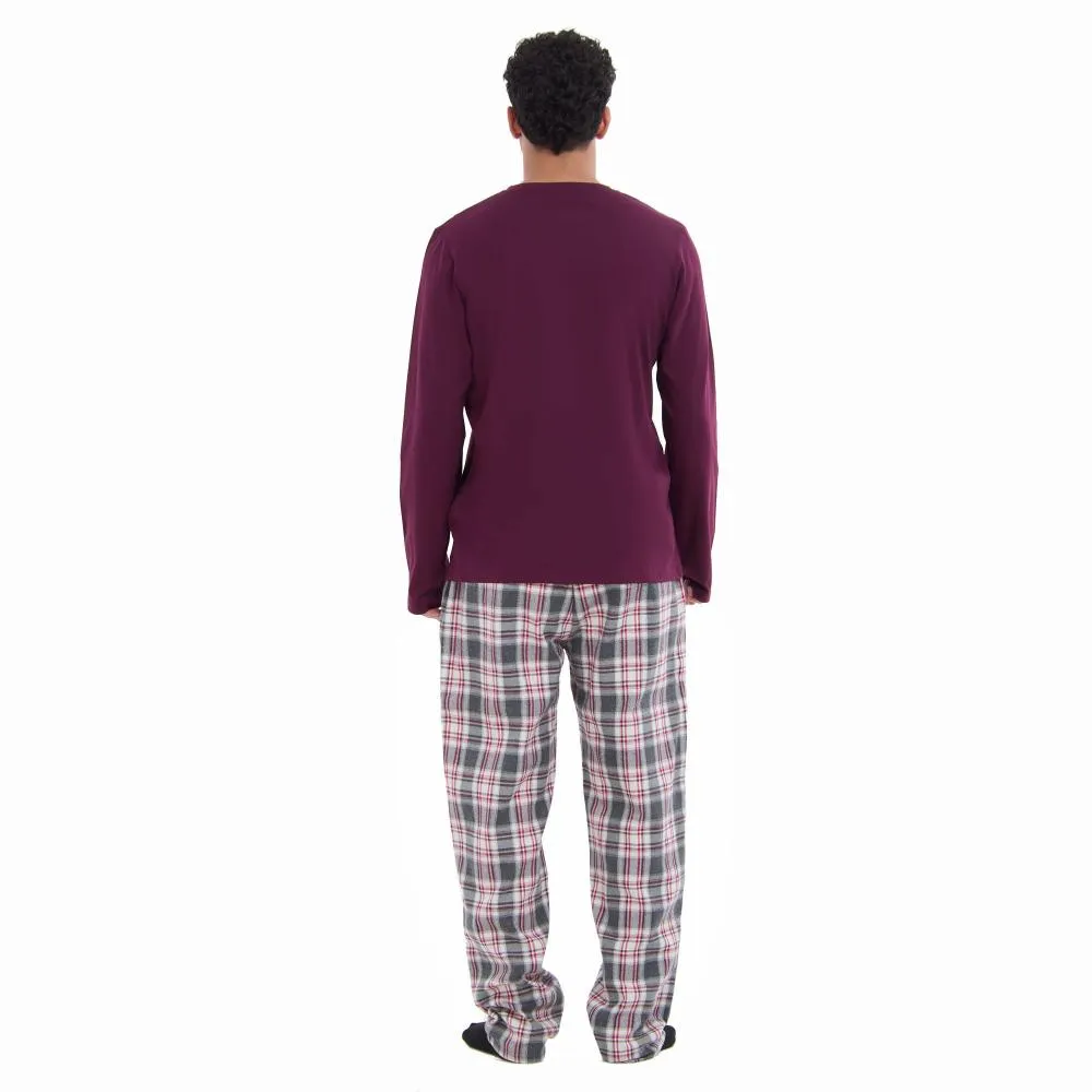 Men Fall Pajama Set Dark Red Buttoned Sweatshirt   Dark red x Grey checkered Pants