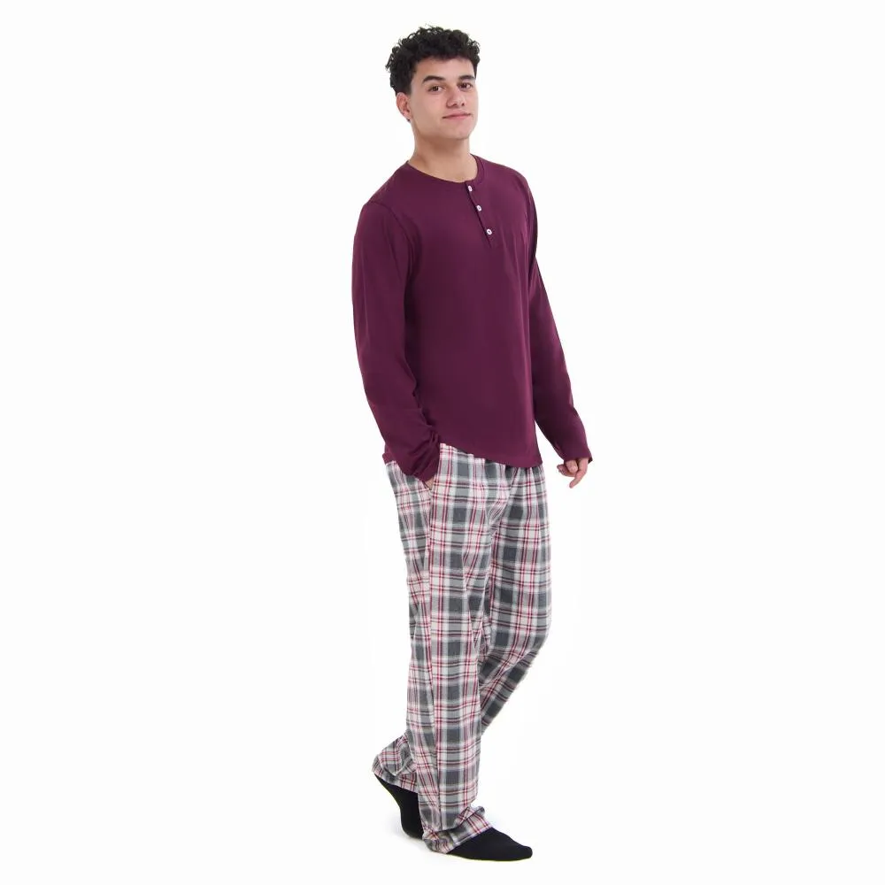 Men Fall Pajama Set Dark Red Buttoned Sweatshirt   Dark red x Grey checkered Pants