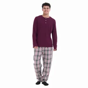Men Fall Pajama Set Dark Red Buttoned Sweatshirt   Dark red x Grey checkered Pants