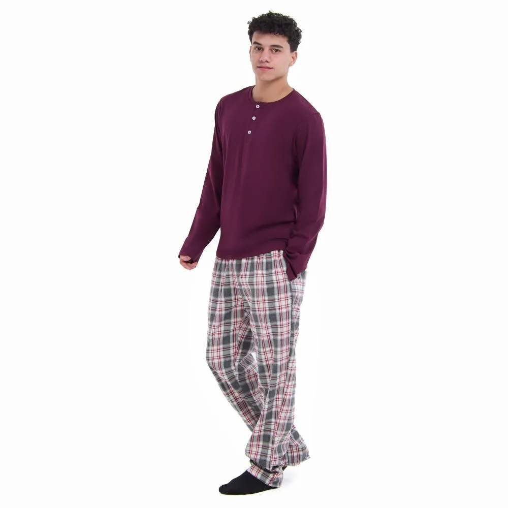 Men Fall Pajama Set Dark Red Buttoned Sweatshirt   Dark red x Grey checkered Pants