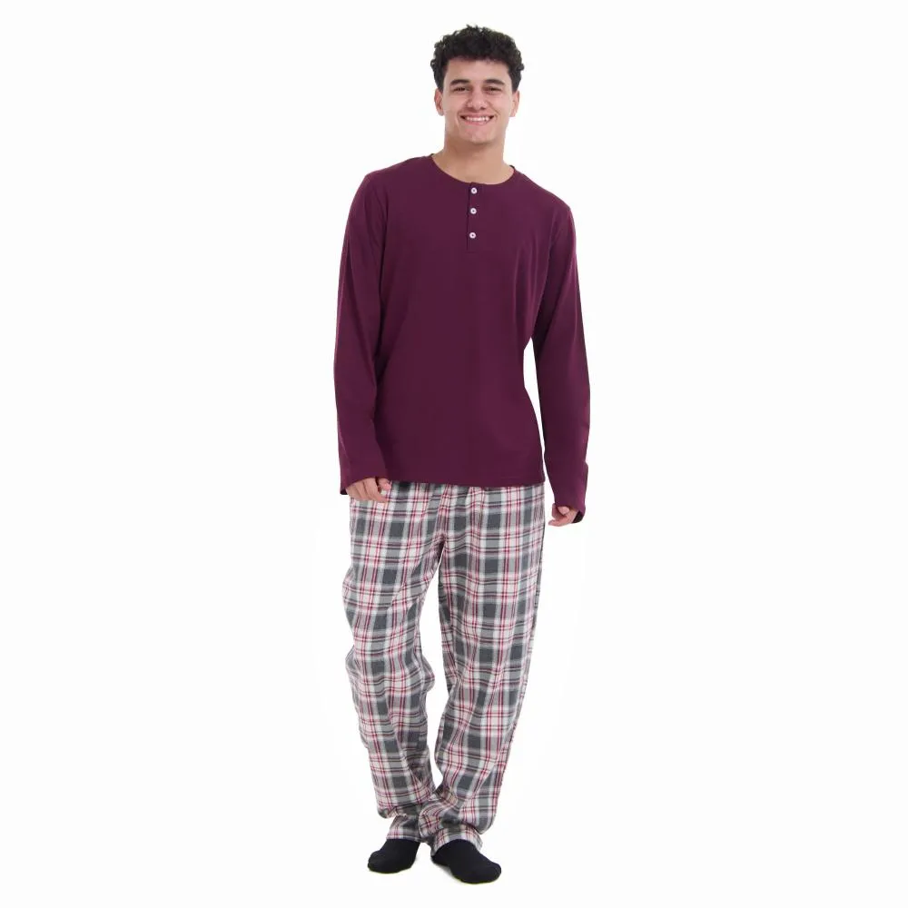 Men Fall Pajama Set Dark Red Buttoned Sweatshirt   Dark red x Grey checkered Pants