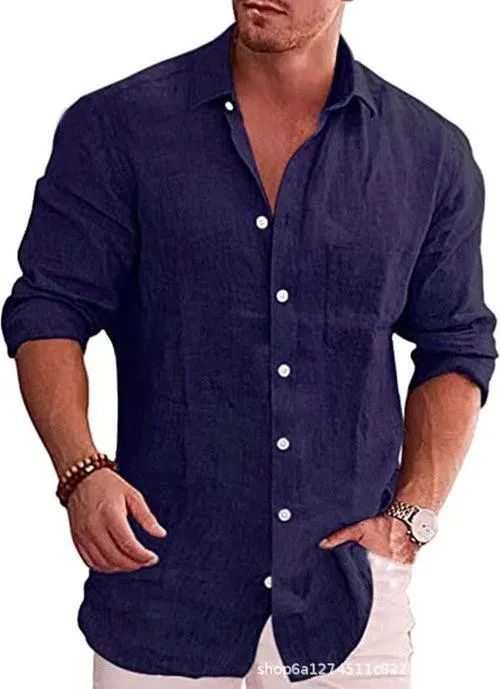 Men's Loose Solid Shirt Flax Polo Collar Long Sleeve