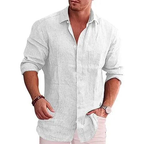 Men's Loose Solid Shirt Flax Polo Collar Long Sleeve