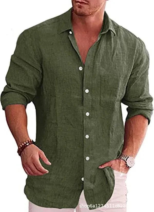 Men's Loose Solid Shirt Flax Polo Collar Long Sleeve