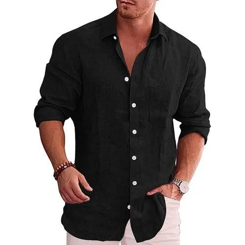 Men's Loose Solid Shirt Flax Polo Collar Long Sleeve
