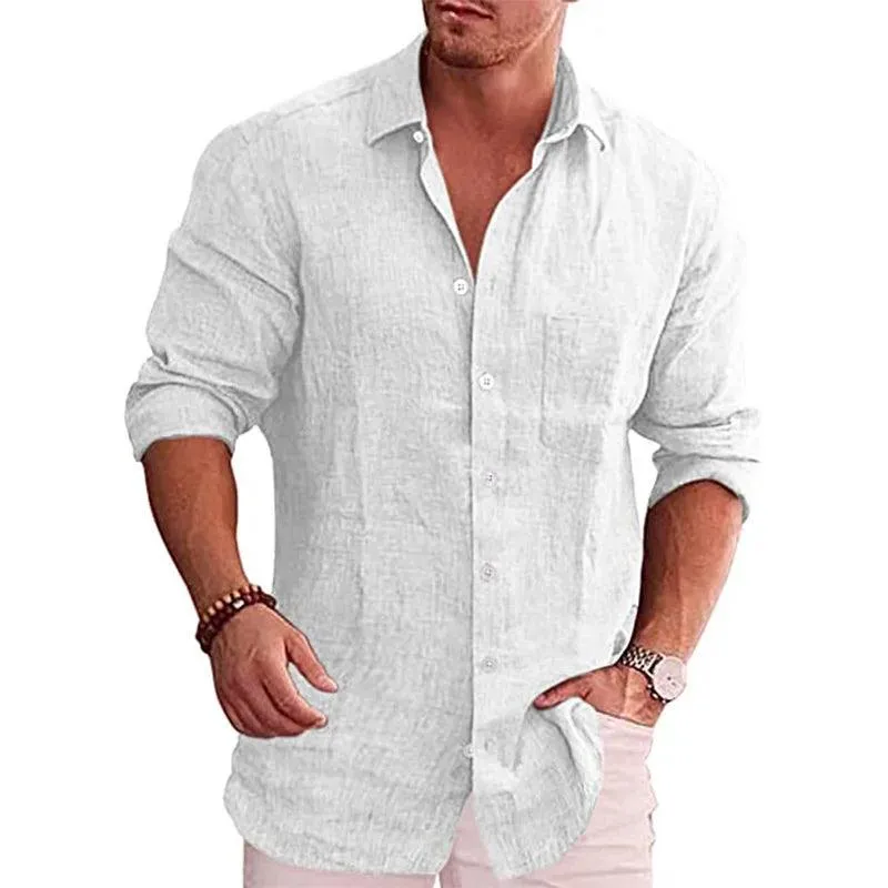 Men's Loose Solid Shirt Flax Polo Collar Long Sleeve