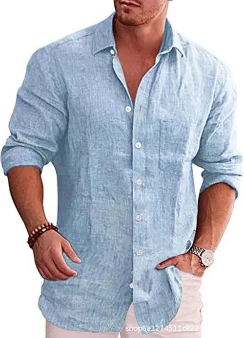 Men's Loose Solid Shirt Flax Polo Collar Long Sleeve