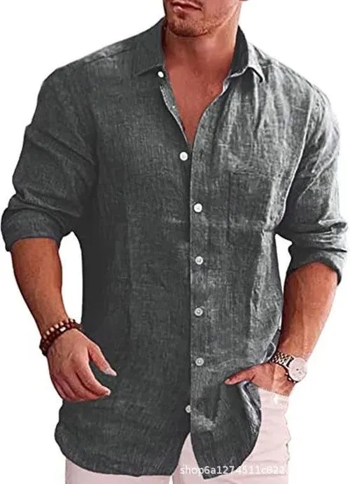 Men's Loose Solid Shirt Flax Polo Collar Long Sleeve