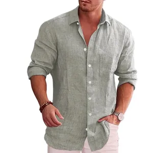 Men's Loose Solid Shirt Flax Polo Collar Long Sleeve