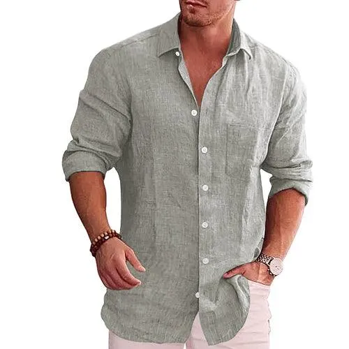 Men's Loose Solid Shirt Flax Polo Collar Long Sleeve