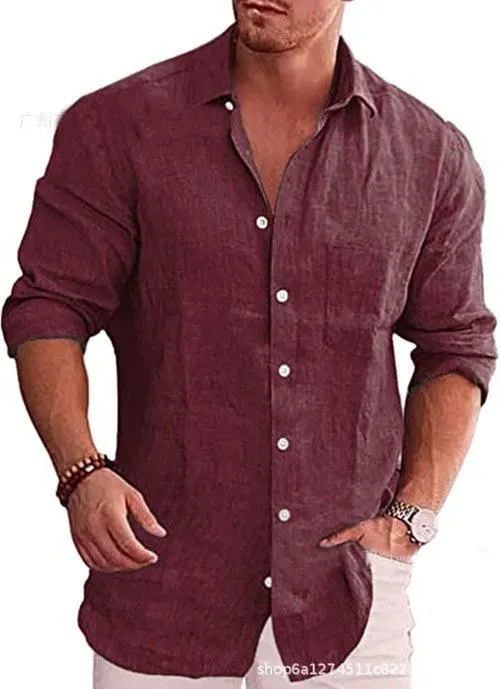 Men's Loose Solid Shirt Flax Polo Collar Long Sleeve