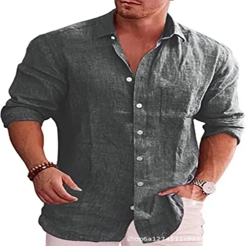 Men's Loose Solid Shirt Flax Polo Collar Long Sleeve