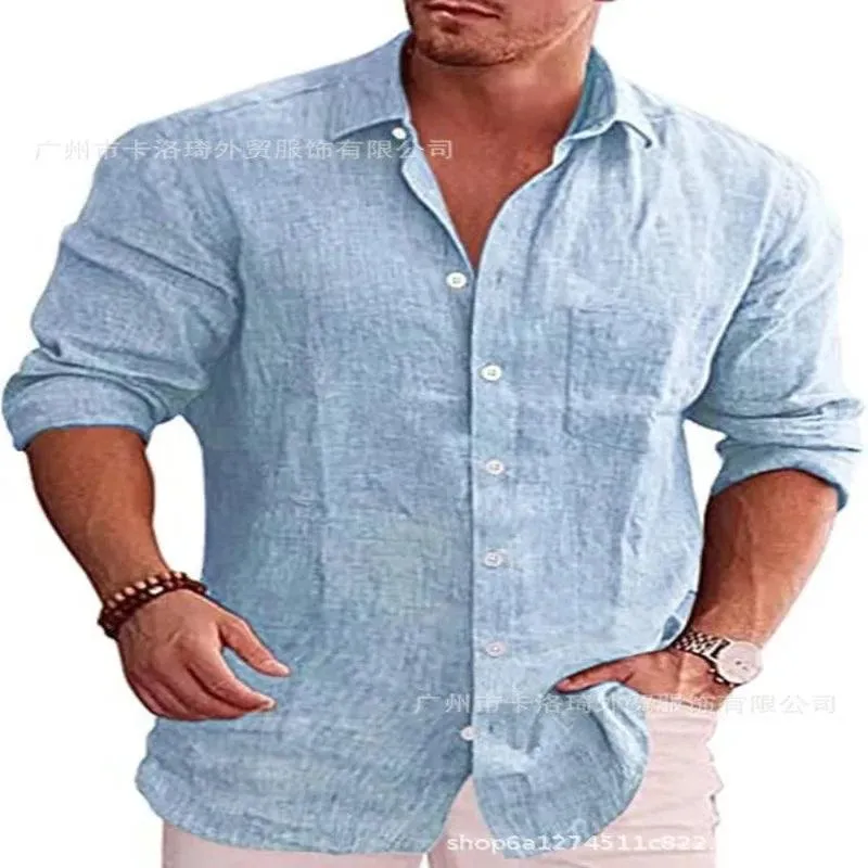 Men's Loose Solid Shirt Flax Polo Collar Long Sleeve