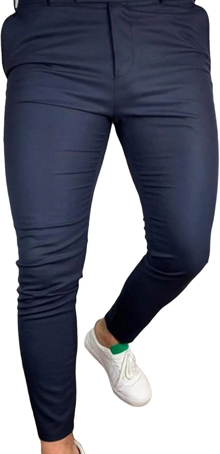 Men's Skinny Tapered Chino Pants Solid Slim Fit Business Casual Trousers Classic Flat Front Dress Long Pant
