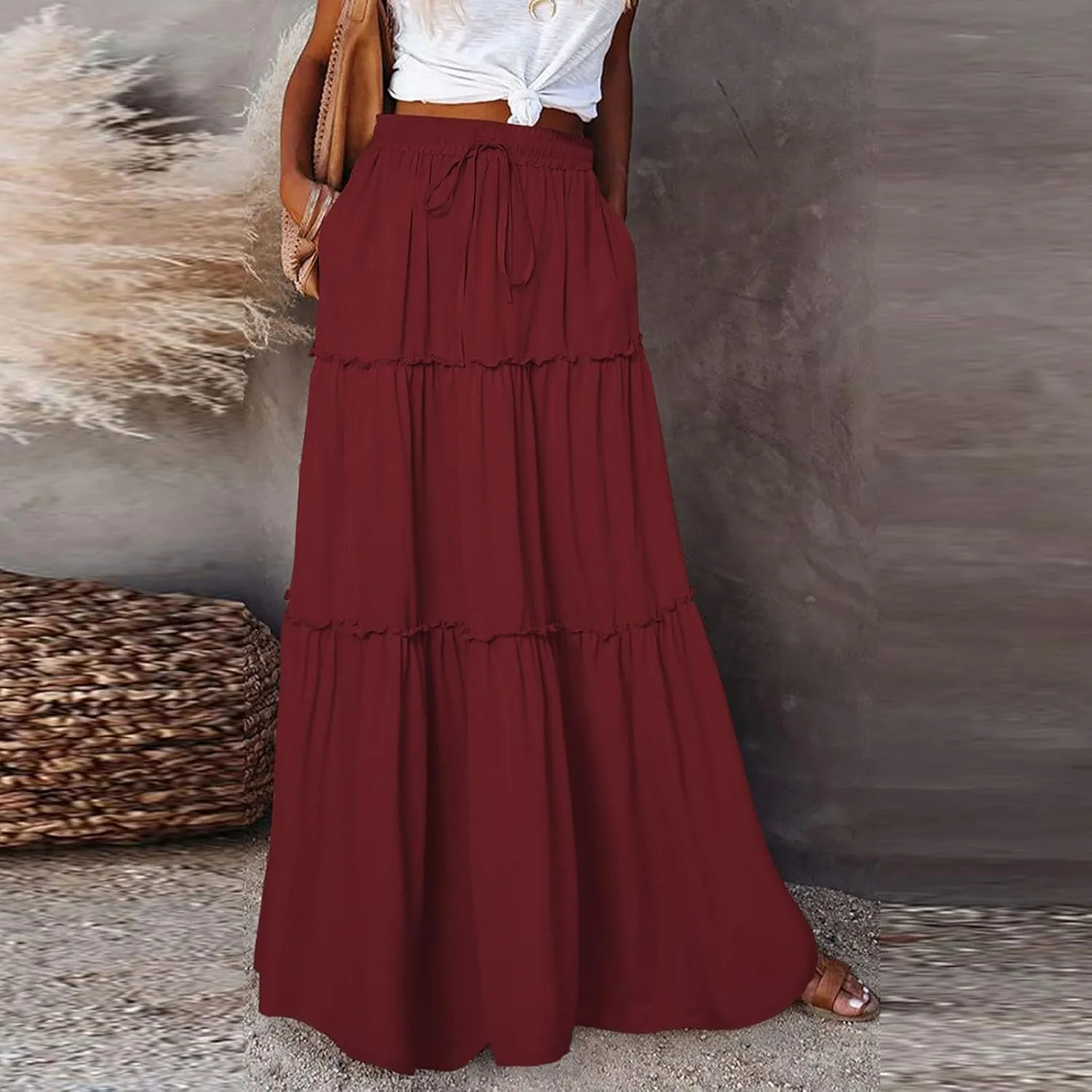 midelxp Boho Long Skirts for Women Summer High Waisted Western Skirt with Pockets Vacation Beach A-Line Flowy Maxi Skirts