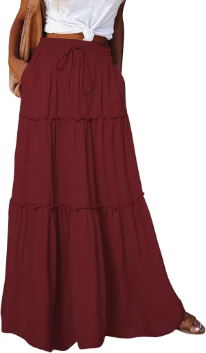 midelxp Boho Long Skirts for Women Summer High Waisted Western Skirt with Pockets Vacation Beach A-Line Flowy Maxi Skirts