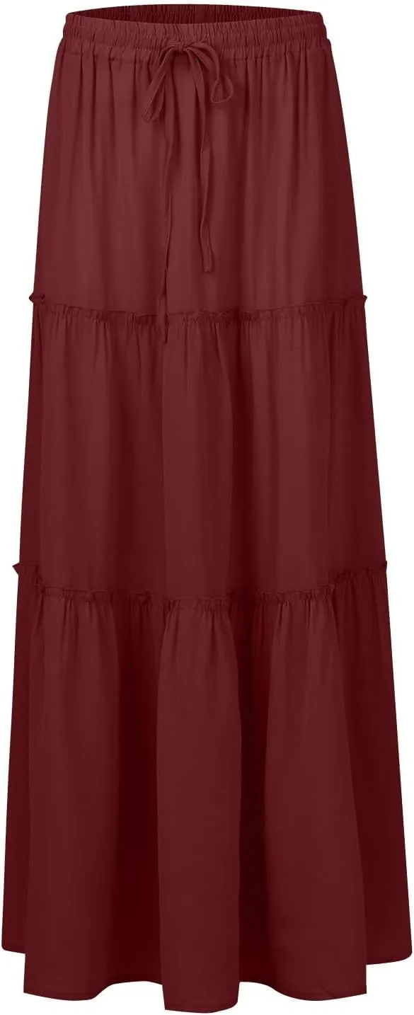 midelxp Boho Long Skirts for Women Summer High Waisted Western Skirt with Pockets Vacation Beach A-Line Flowy Maxi Skirts