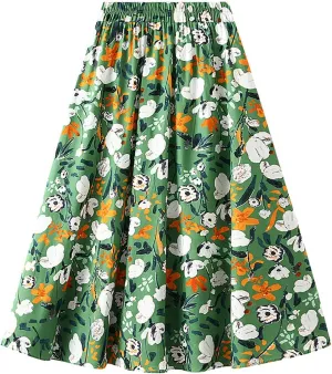 Midi Skirts for Women Floral Printed Midi Skirt High Waisted A Line Skirt Elastic Waist Skirt Pleated Skirts Midi