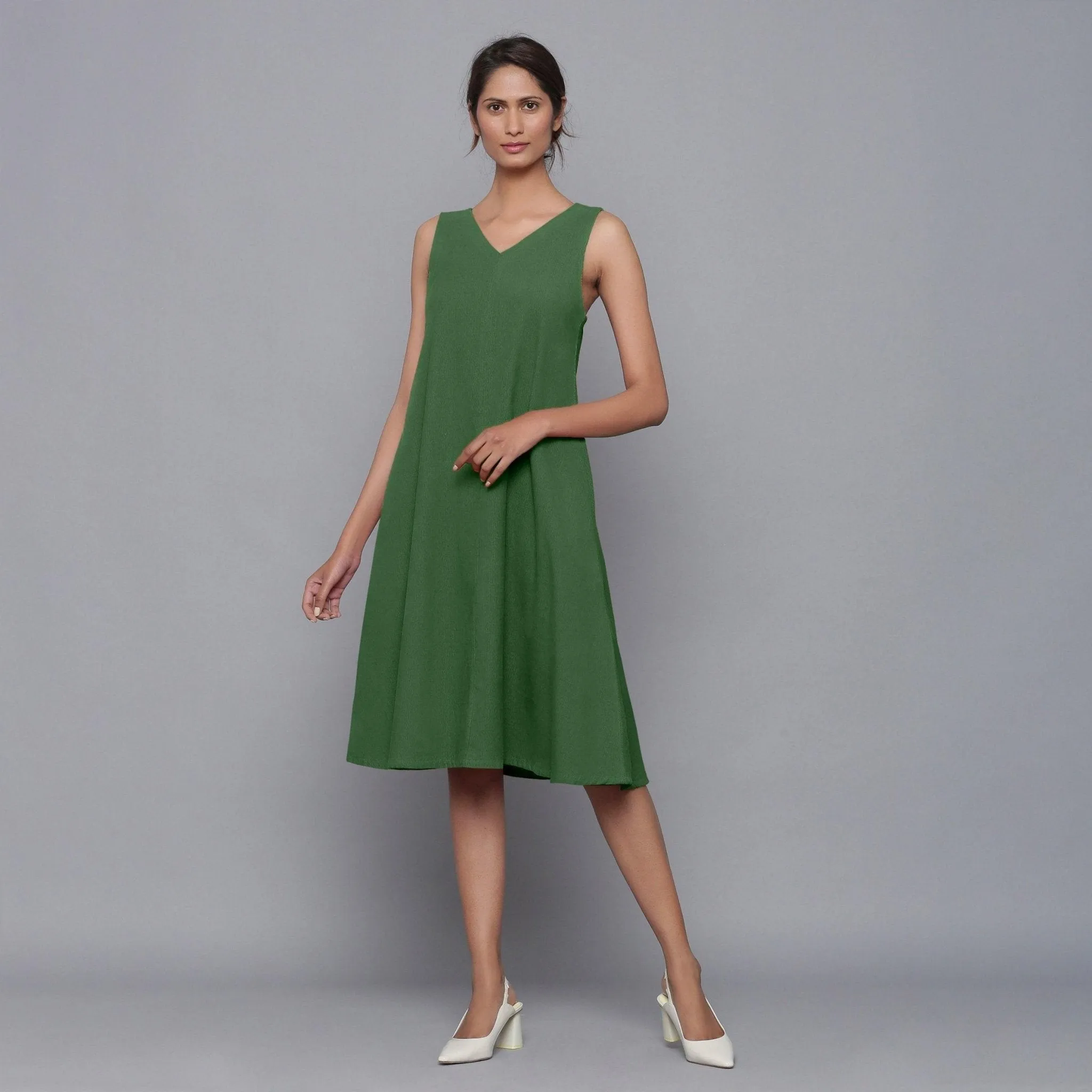 Moss Green Warm Cotton Corduroy Knee Length Flared Dress