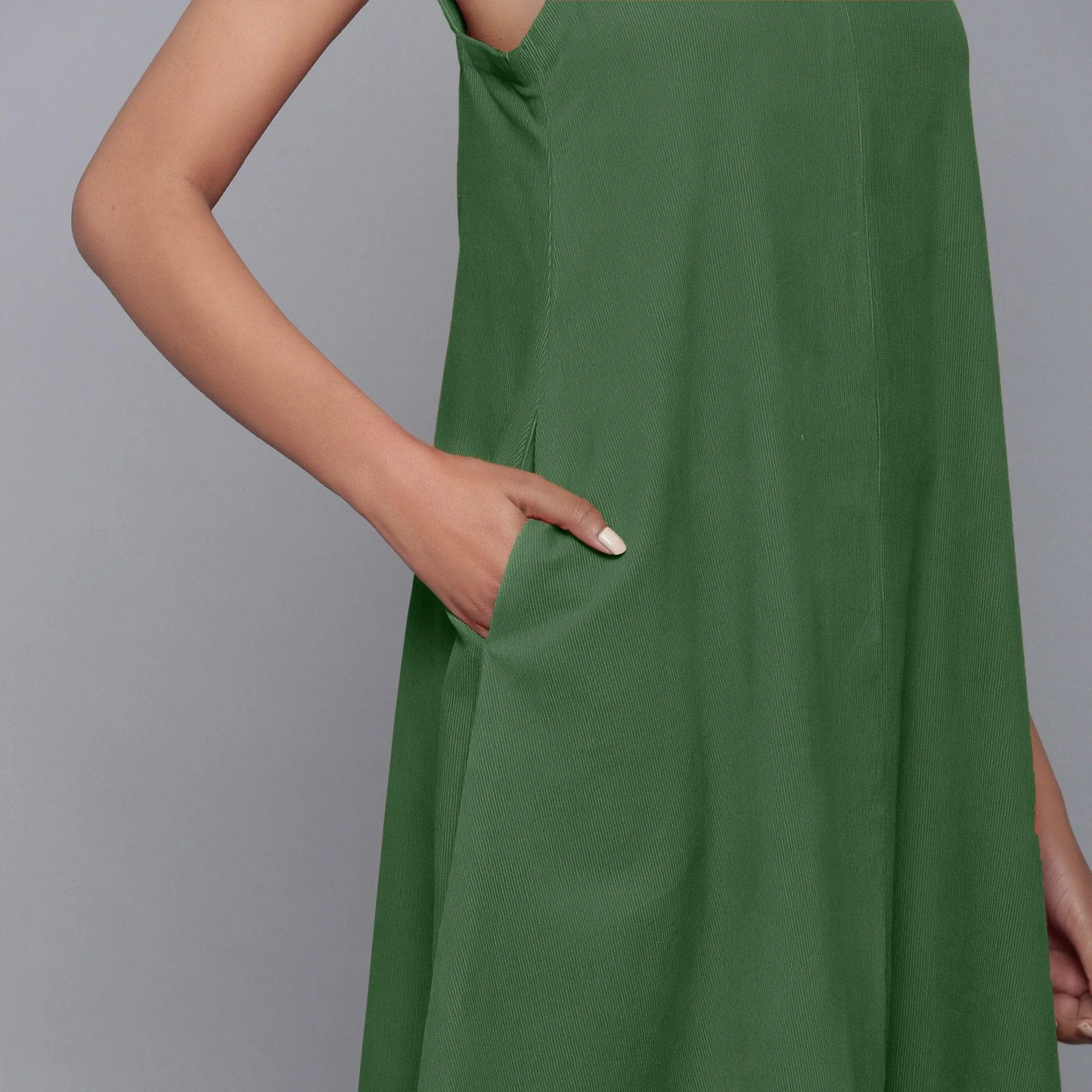 Moss Green Warm Cotton Corduroy Knee Length Flared Dress