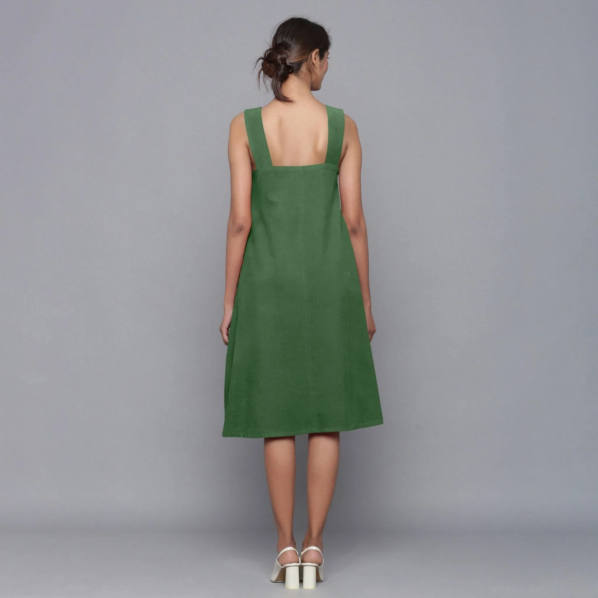 Moss Green Warm Cotton Corduroy Knee Length Flared Dress