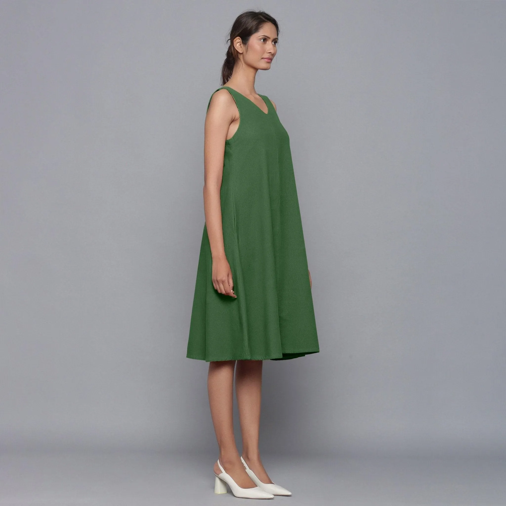 Moss Green Warm Cotton Corduroy Knee Length Flared Dress