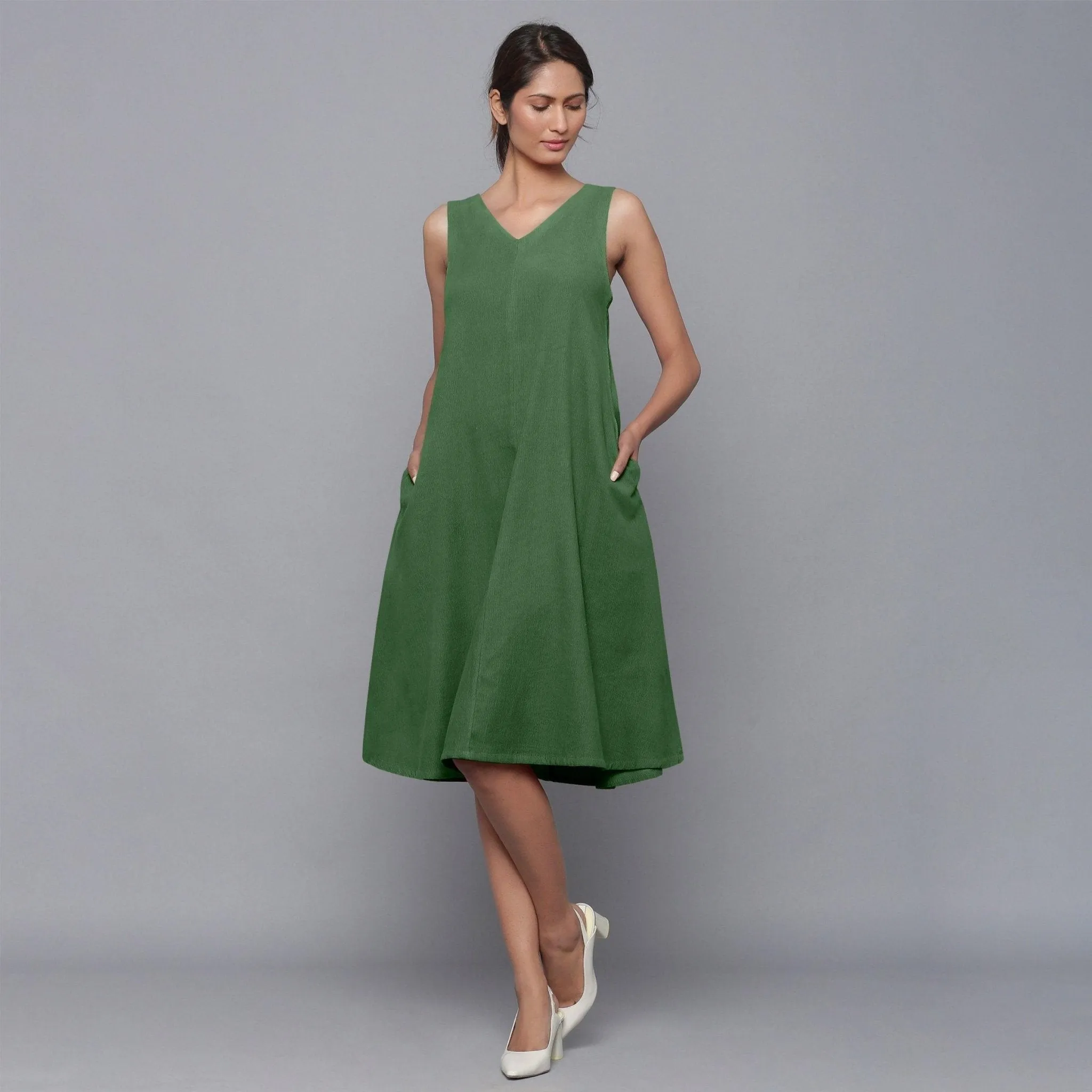 Moss Green Warm Cotton Corduroy Knee Length Flared Dress