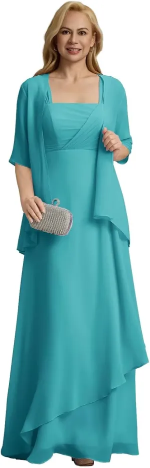 Mother of The Bride 2 Piece Dresses with Jacket Long 2025 Pleated Chiffon Formal Evening Gowns