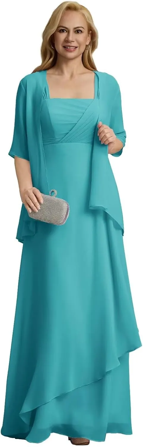 Mother of The Bride 2 Piece Dresses with Jacket Long 2025 Pleated Chiffon Formal Evening Gowns