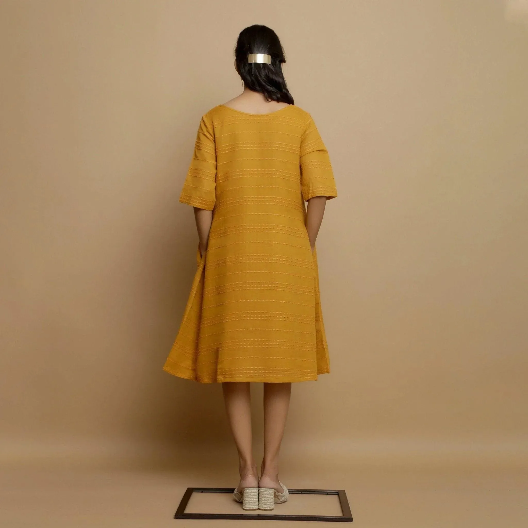 Mustard Striped Handwoven Cotton Knee Length Godet Dress