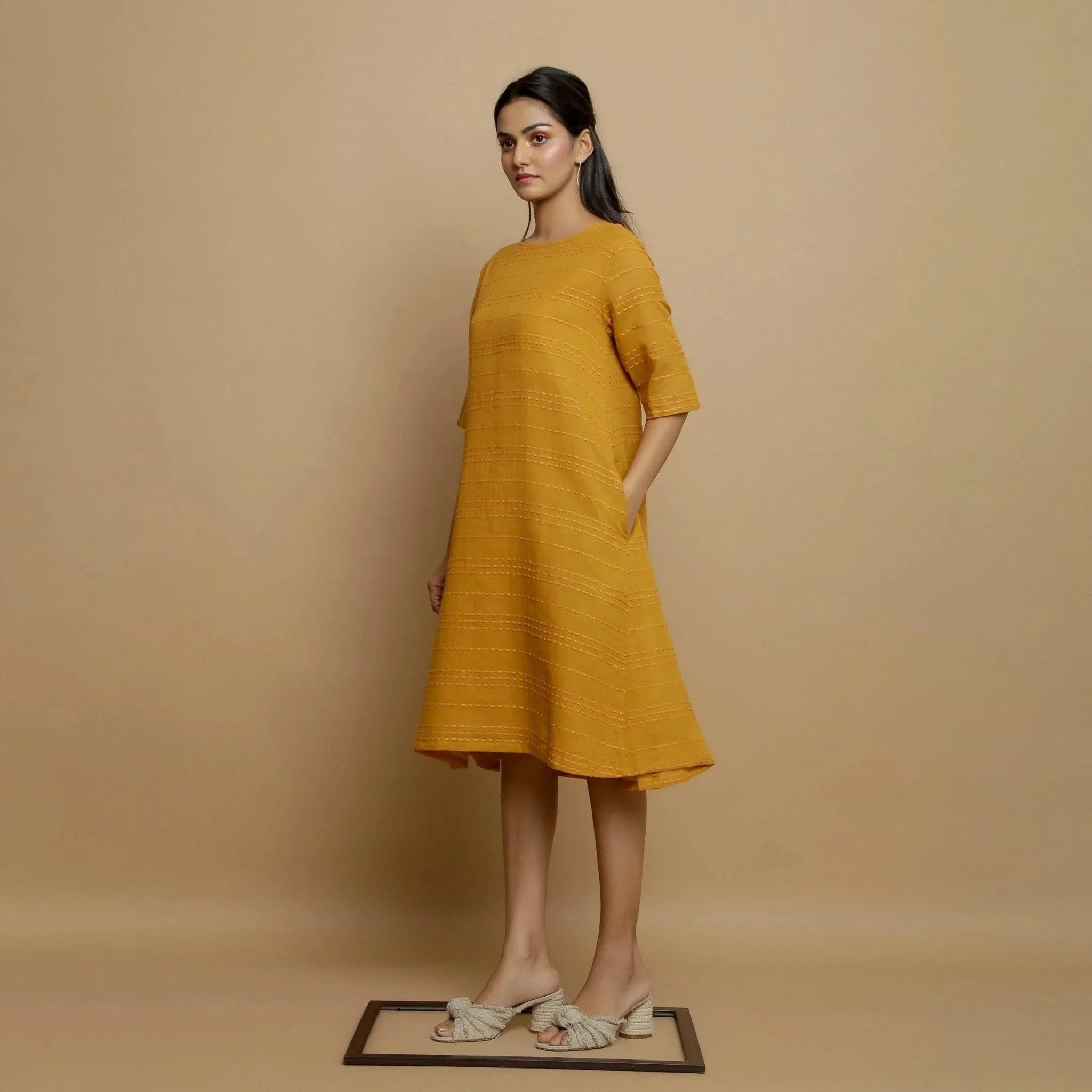 Mustard Striped Handwoven Cotton Knee Length Godet Dress