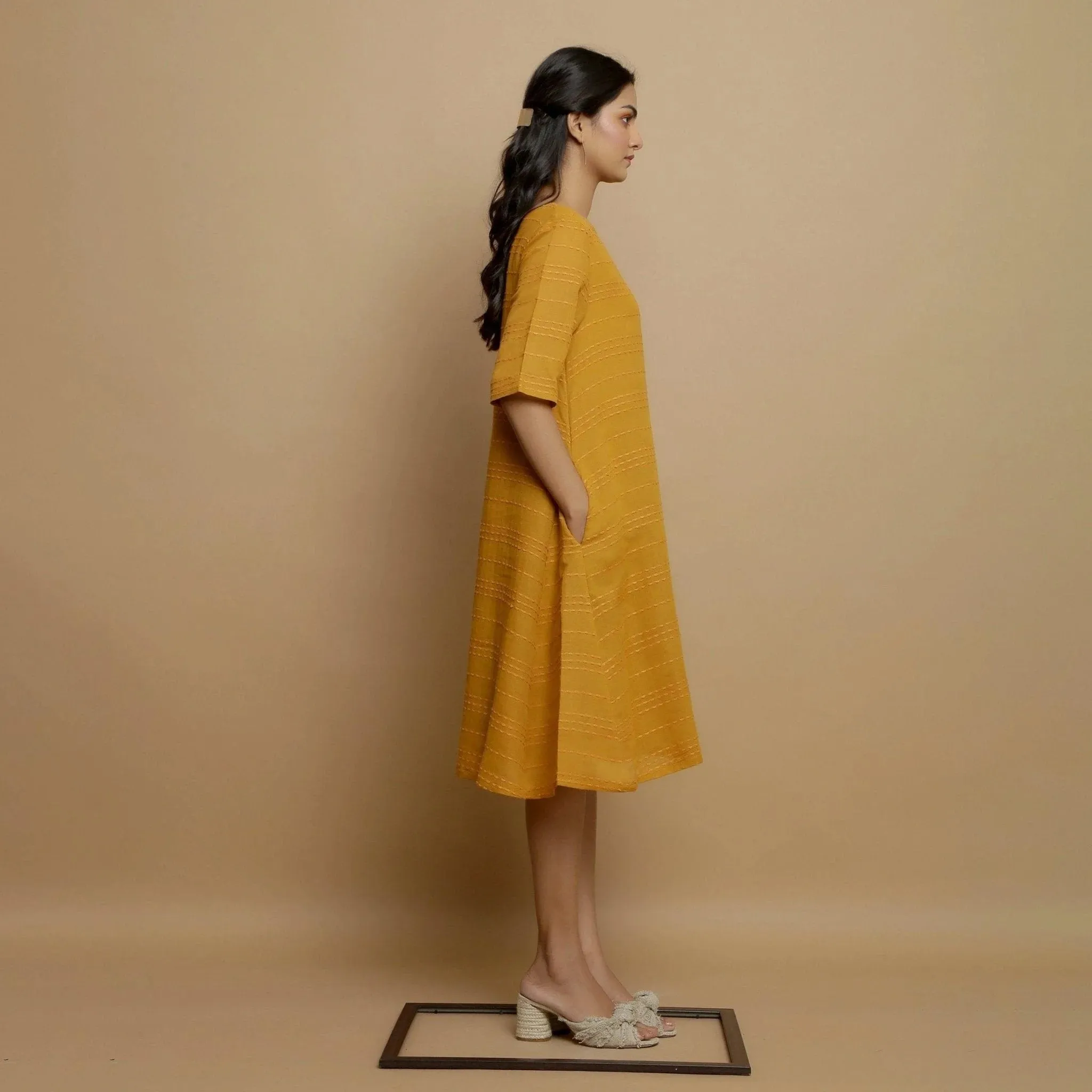 Mustard Striped Handwoven Cotton Knee Length Godet Dress