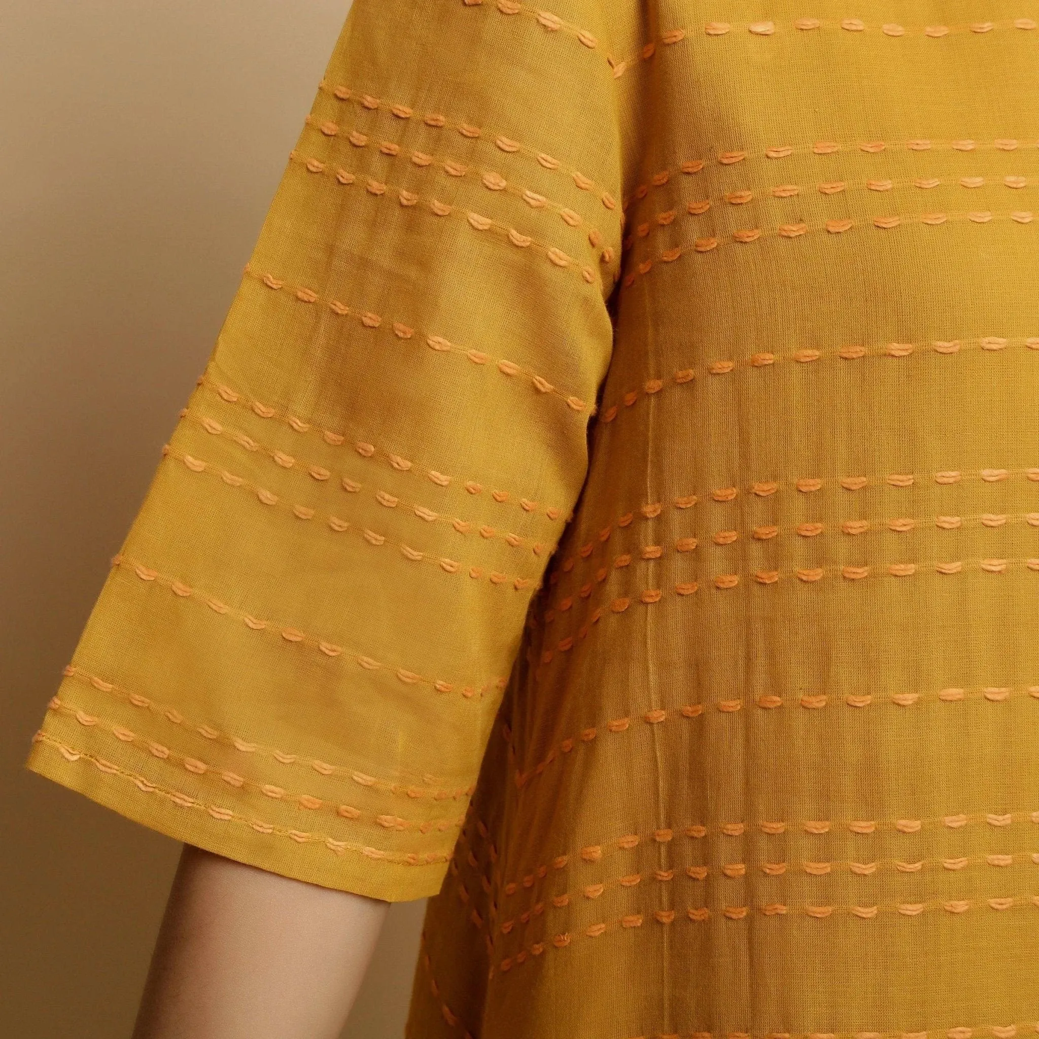 Mustard Striped Handwoven Cotton Knee Length Godet Dress