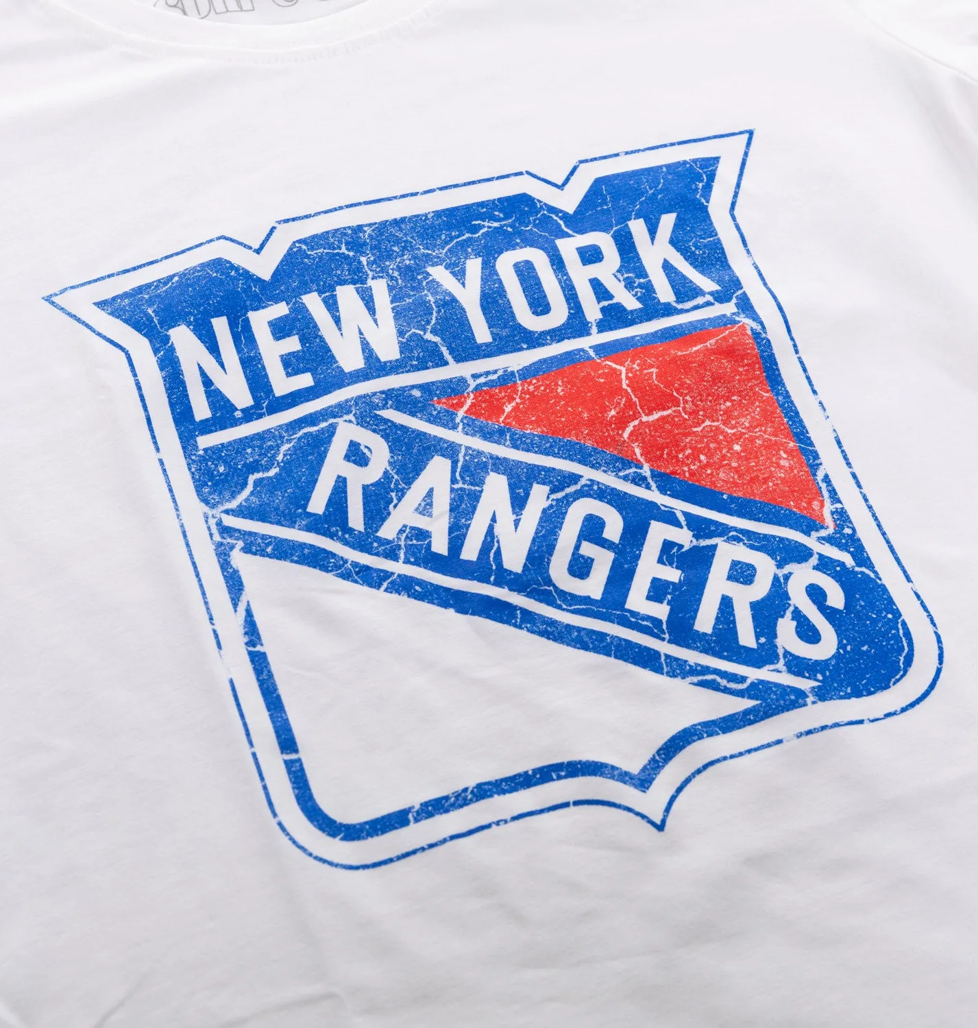 New York Rangers Women's Distressed Print Fitted Crew Neck Premium T-Shirt - White